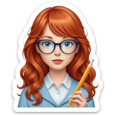 redheaded woman with very long wavy hair and bangs, blue eyes, clear cat-eye glasses, stylish modern outfit, holding a pencil sticker