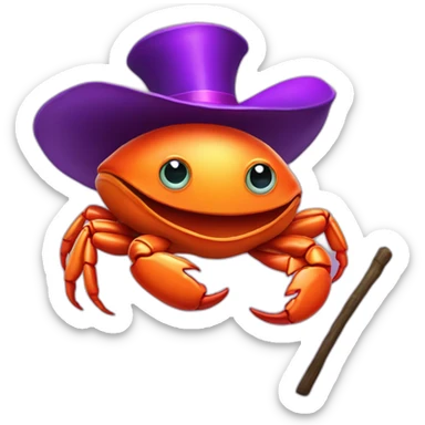 Big orange crab with a purple magician tophat and holding a stick sticker