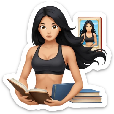 differemt hobbies floating back ground, 1 book, art, and sports, tanned long black hair woman, sexy black sports bra  sticker