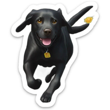 Black Labrador runs after a sun bunny sticker