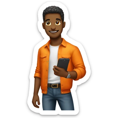Hombre joven moderno con camisa de color naranja y usando celular sticker