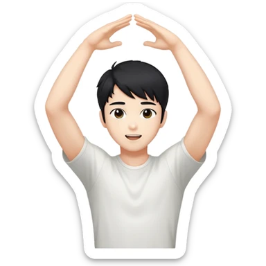 Black-haired male idol with arms raised above his head, K-pop style, energetic pose sticker