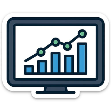 clean modern KPI dashboard icon, flat vector style, rectangular screen with dark navy or black frame, white or light gray background inside, rising bar chart with four bars of varying height in single accent color blue or green, line graph overlay with data points, analytical tech-savvy minimal business metrics data tracking sticker