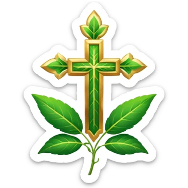 "A clean, friendly emoji of three vibrant green Tulsi (Holy Basil) leaves centered over a small, glowing golden cross or 'plus' sign, symbolizing healing. Simple, flat, 32x32 pixel icon style. Transparent background. Icon for natural healing and wellness." sticker