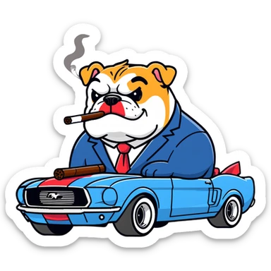 Big fat bulldog driving a Mustang GT500 smoking a big fat cigar with long shaggy head wearing a suit nice and funky sticker