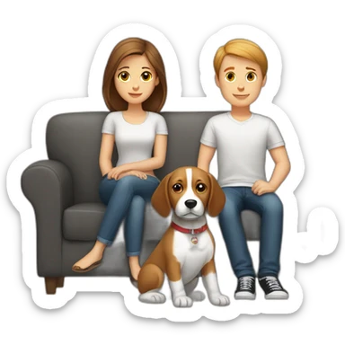 Brown hair White boy and girl and beagle Sit on couch sticker