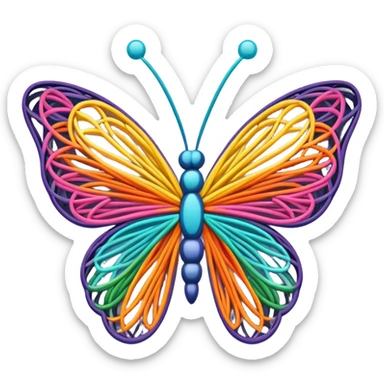 String art icon, colorful threads forming a butterfly shape, intricate design, geometric patterns, vibrant colors, minimalistic style, clean lines, transparent background. sticker