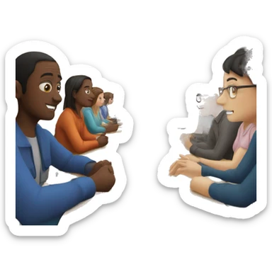 Camera club meeting with people sitting at long table with a digital screen at one end. sticker