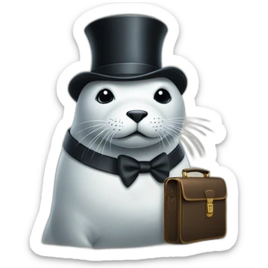 White seal in tie and small black hat and with briefcase sticker
