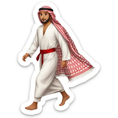 Arab man walking, traditional thobe and keffiyeh, mid-stride sticker