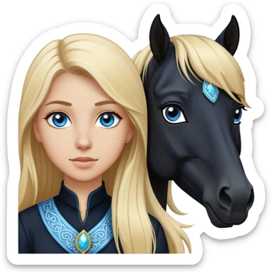 White girl, long blonde hair, beautiful blue eyes, next to a black Arabian horse sticker
