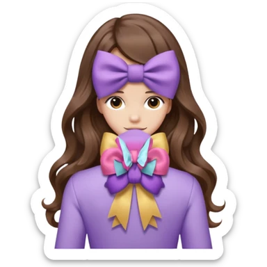 long wavy brown hair from behind with a medium lilac bow sticker