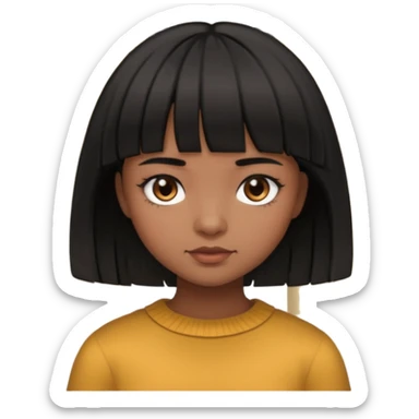 Girl that has a short black hime cut with curtain bangs, then dark brown eyes, and has a bit brown skin sticker
