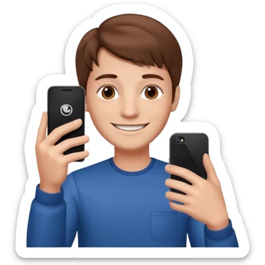 young manwith phone in histhand, happy, selfie style. @emoji sticker