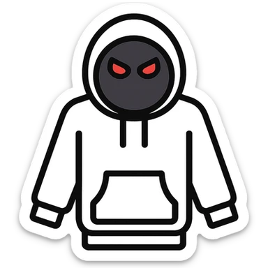 white hoodie with a black circle face, featuring only red angry eyes, clean modern icon style sticker