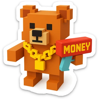 A grizzly bear with a chain and a money gun, facing forward sticker