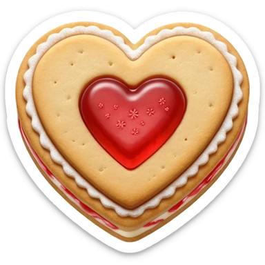 Realistic shortbread cookie in the shape of a heart with light red jelly middle filling and sprinkled powder sugar on top. sticker
