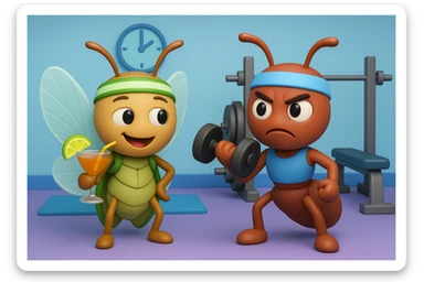 EMOJI STILE IPHONE 3D DI UNA CICALA E UNA FORMICA IN ABITI FITNESS, LA CICALA HA IN MANO UN COCKTAIL MENTRE LA FORMICA HA IN MANO UN MANUBRIO DA PALESTRA. L'IMMAGINE RAPPRESENTA IL FATTO CHE LA FORMICA VOGLIA IMPEGNARSI REALMENTE PER CAMBIARE IL SUO FISICO MENTRE LA CICALA SI VUOLE DIVERTIRE E NON CONCLUDE NULLA ALLA FINE sticker