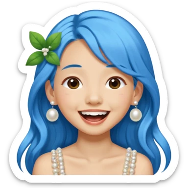 Asian girl with long blue hair, pearl hair clip, loves nature, laughing out loud sticker