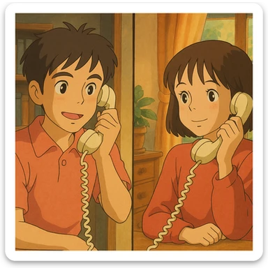 two people communicating on a land line phone, each holding a receiver, ghibli style, warm and inviting sticker