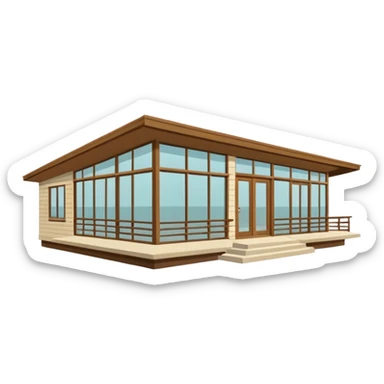 midcentury modern house with 1000 sqft and all windows and a sliding windows on corner. With overhanging shade and slats. sticker