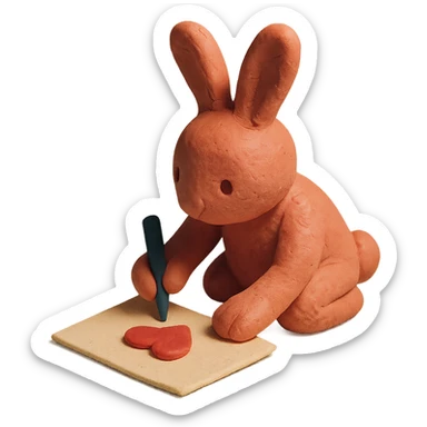 coral bunny kneeling while writing a love letter, claymation style sticker