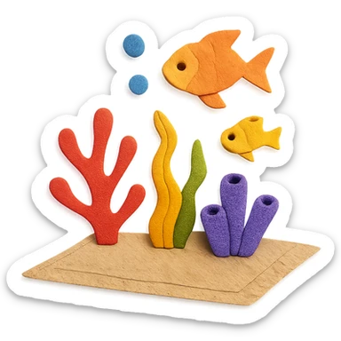 carpet on the sea floor, with layered paper corals and fish, paper craft style sticker