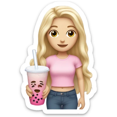 white girl with long blond hair, pink skirt, white T-shirt, right hand with a peace sign, bubble tea in her left hand sticker