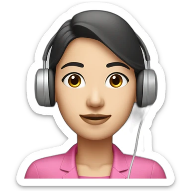 asian iranian woman Employee with white skin and black eye and headphone with microphone who is wearing pink office clothes sticker