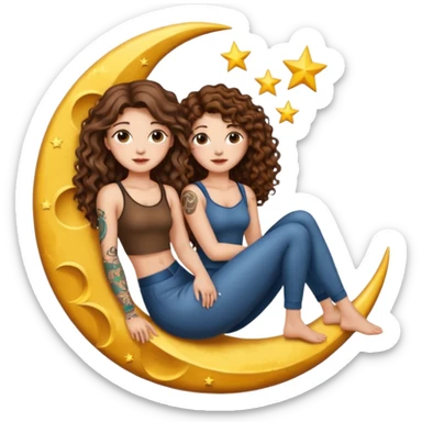 moon bench — long wavy brown hair tattooed woman and short tight curly brown hair woman — sitting on crescent moon sticker