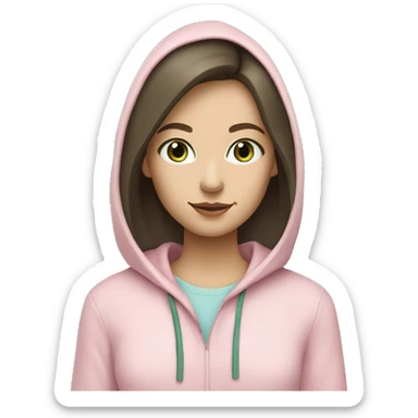 caucasian girl with dark brown hair and light blue eyes wearing a light pink hoodie and drinking green tea sticker