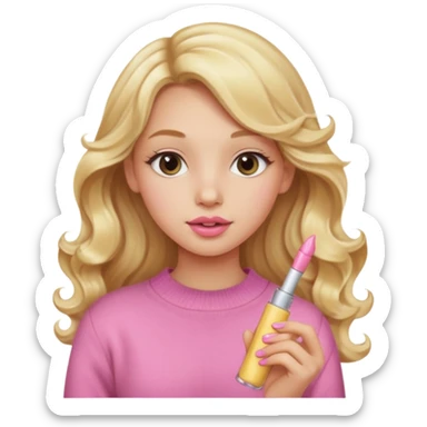 A long curled blonde haired  young girl with a pink sweater and holding a clear lip gloss sticker