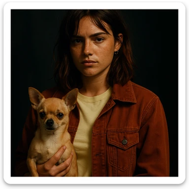 Netflix series style, rebellious woman, tanned skin, freckles, pale yellow shirt #FFF8CA, rust jacket, medium-length brown auburn hair, holding beige-brown chihuahua, dark background sticker