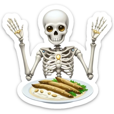 Silvery sardines, bright white yogurt, and golden sesame seeds orbiting around a glowing skeleton, with light beams connecting them to bones sticker