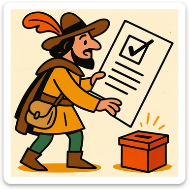 medieval pilgrim dropping a giant ballot into a tiny box, comical, vibrant toon style sticker