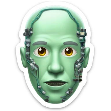 Pastel green bald male cyborg head with goatee and circuitry sticker