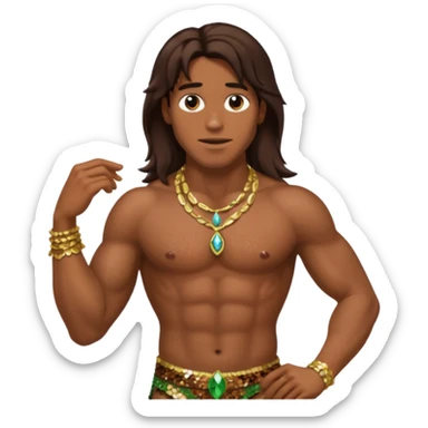 Tarzan with long dark brown hair, brown sequin loincloth, shirtless with necklace sticker