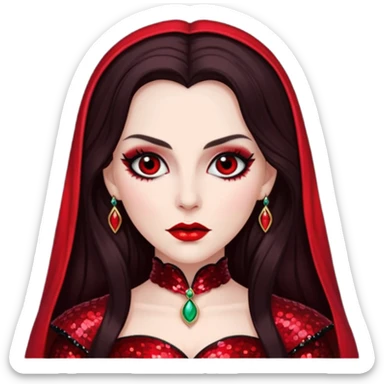 Countess Dracula with long dark brown hair, red sequin outfit  sticker