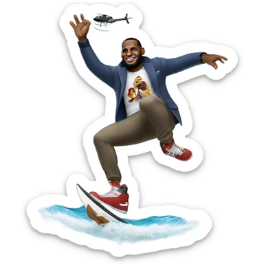 LeBron James jumping over a helicopter while surfing a shark sticker