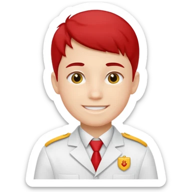 um menino estudante com uniforme branco e detalhes amarelo e vermelho sticker