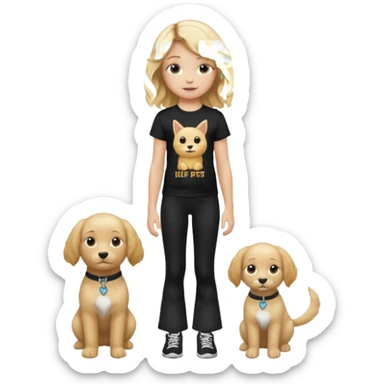 10 year old girl wearing flares black leggings and and a t-shirt that says " Free pets for lifee 💓" and her hair is blonde Wavy sticker