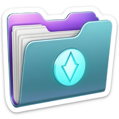 A minimalist glowing folder icon floating on a soft beige background, with subtle purple and teal lighting. The folder is slightly open, and a gentle magical light glows from inside — representing creativity and mystery. sticker