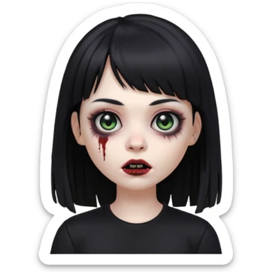 uma garota gotica zumbi no formato Memoji da apple com o cabelo cumprido, preto liso e com franja, blusa preta, olhos pretos  sticker