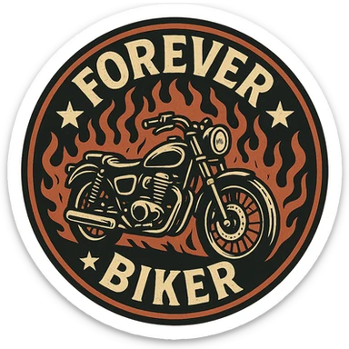 circular transparent background design for motorcycle cap, text 'FOREVER BIKER', motif: motorcycle, flame, star, classic style sticker