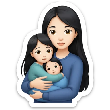 Beautiful Asian girl with long black hair, holding a boy child in her arms sticker