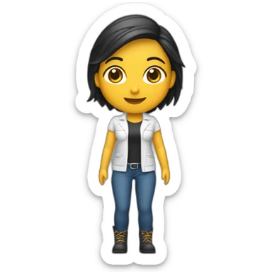 Mujer blanca chiquita de cabello corto negro, vestida con ropa de logística y botas sticker