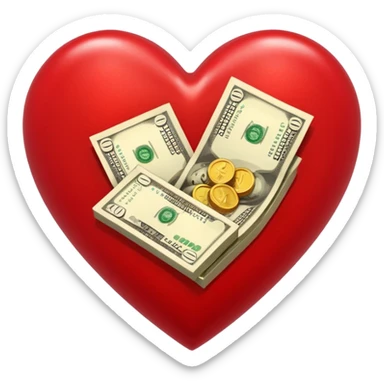 "Realistic HD heart fully merged with money, red glossy heart seamlessly fused with cash textures and gold tones, glowing dramatic light, symbolizing love and wealth becoming one, white background." sticker