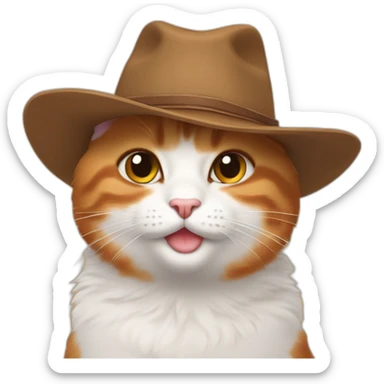plain orange small chubby smiling hairy japanese bobtail cat while wearing a brown cowboy hat with the ears poking out of the hat sticker