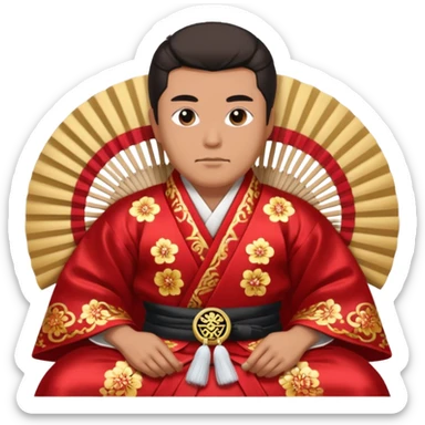 Wealthy warlord in ornate kimono, crest on chest, seated with fan in hand. sticker