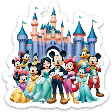 A vibrant collage featuring iconic characters like one Goofy, one Mickey Mouse, one Ariel, one Jasmine and one Franco. Each character should be large and bright, set against a cheerful and playful background with Disneyland. Transparent background. sticker